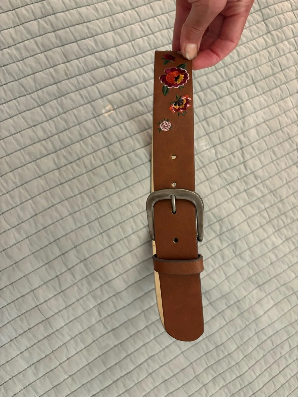 Embroidered Brown Leather Men's Belt with Floral Detail